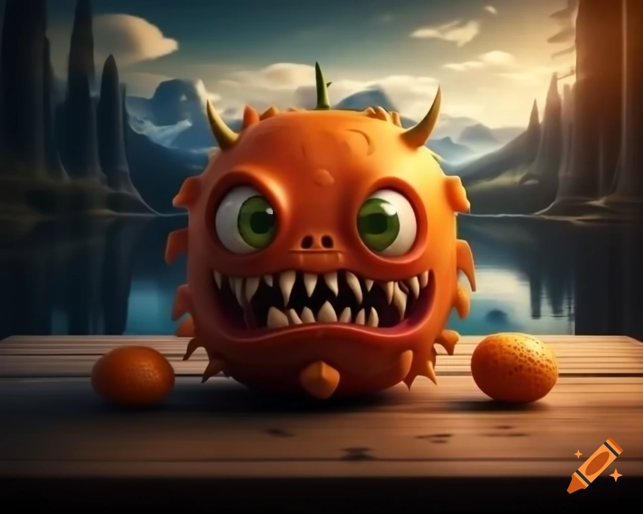 Hyper-realistic 3D orange fruit monster with human features on wooden table