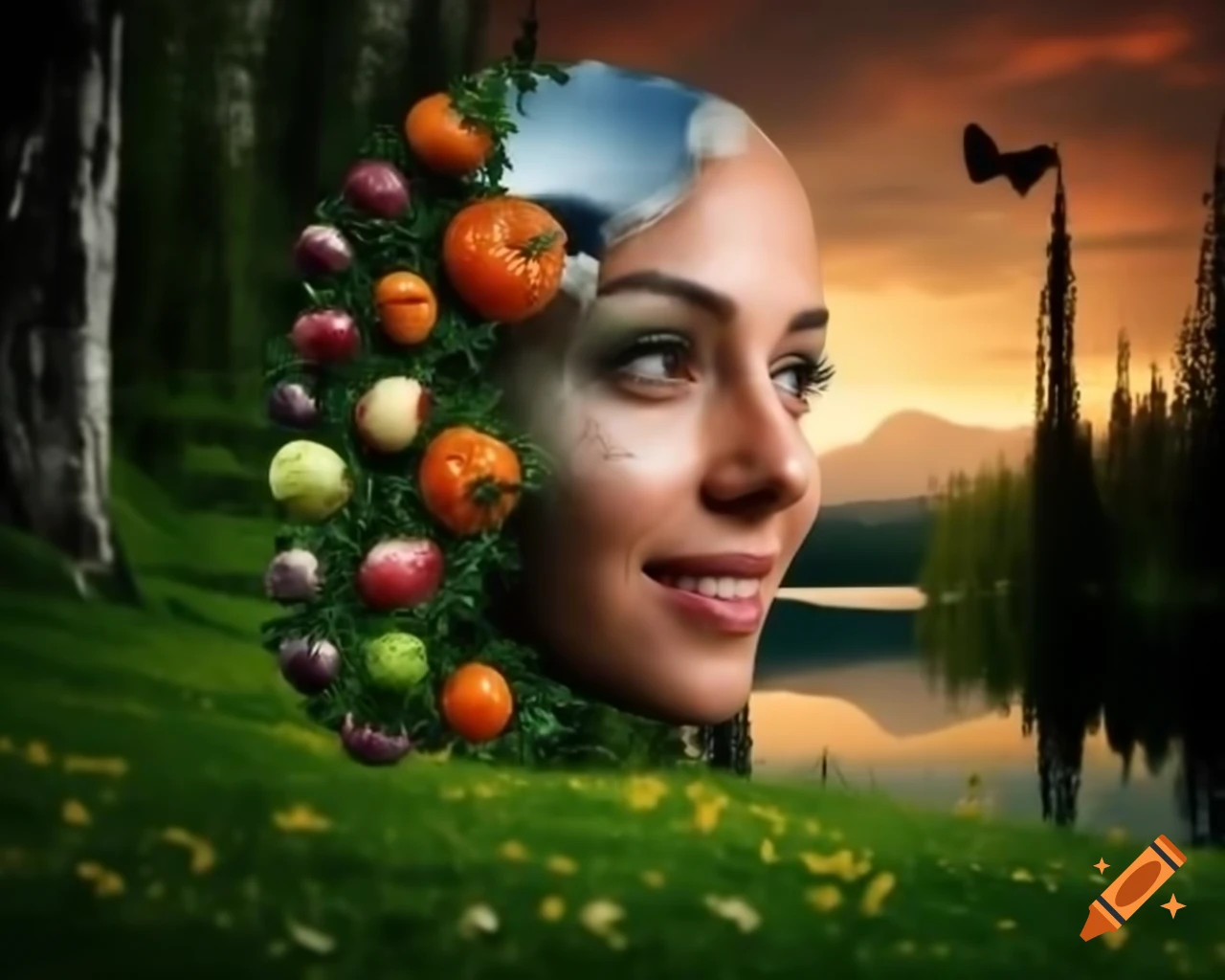 Surreal 3D render of woman's face in forest with old growth trees, wildflowers, and butterflies