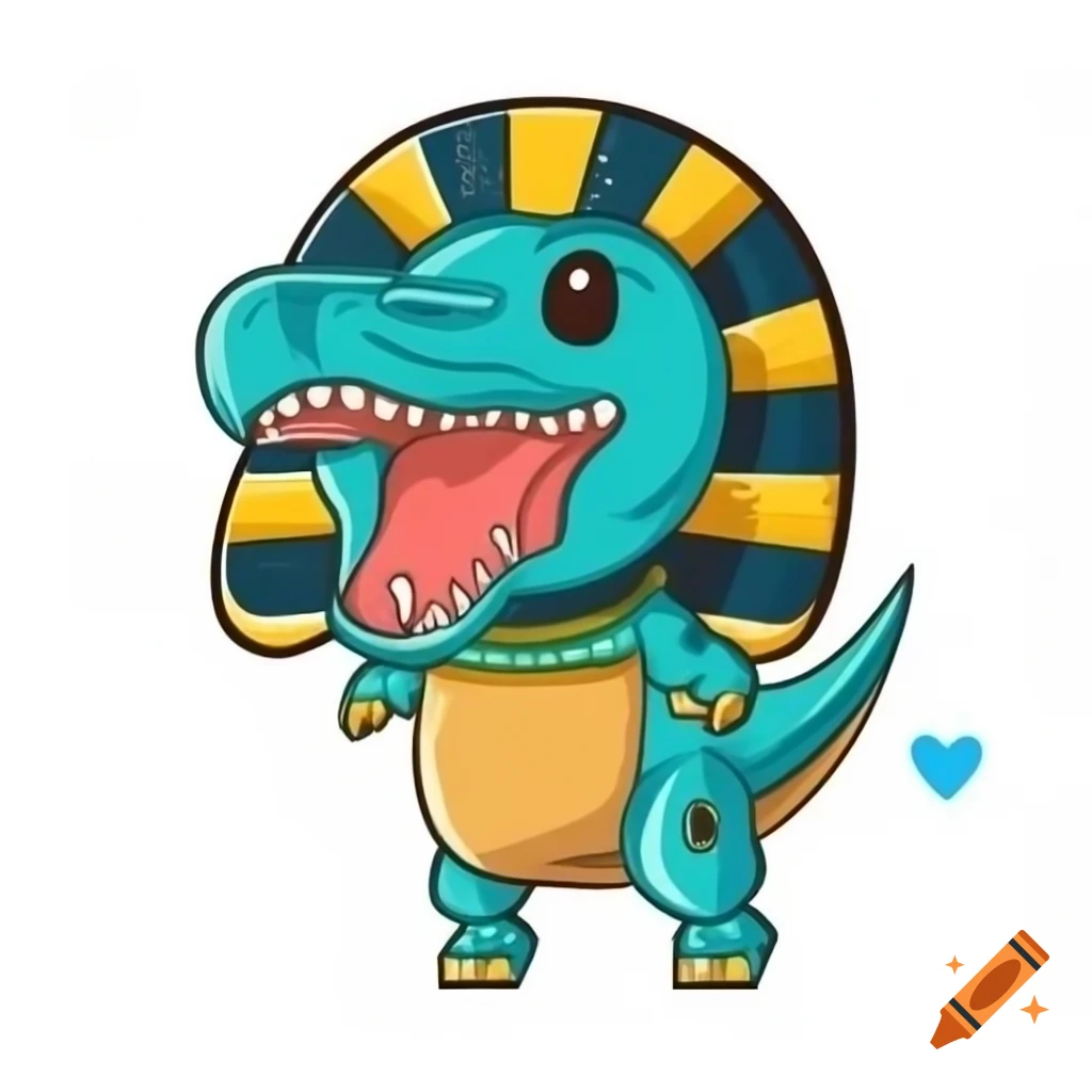 Cute cartoon depiction of ancient Egyptian god with Tyrannosaurus rex head in chibi style