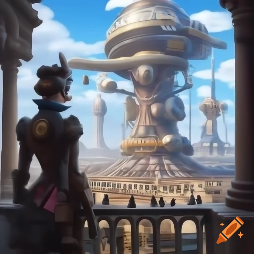 Steampunk metropolis with Victorian architecture and brass structures