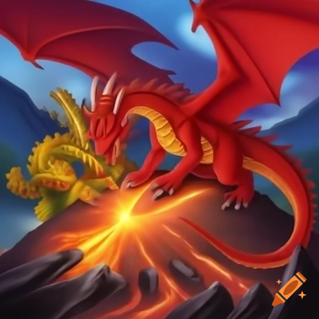Red dragon battling yellow dragon on a volcano, both the same size