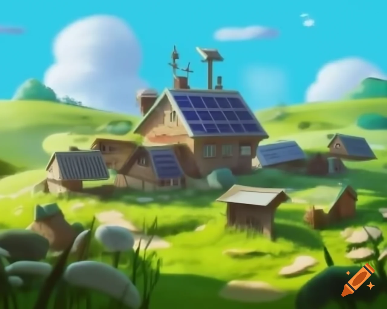 Small solarpunk village in a lush meadow