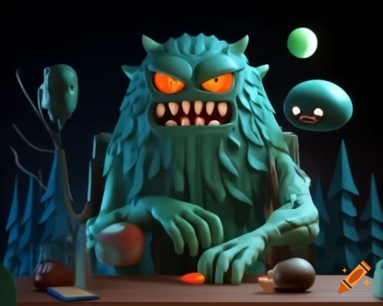 Hyper-realistic 3D tree monster with fangs on wooden table surrounded by gluttony props in dark woods