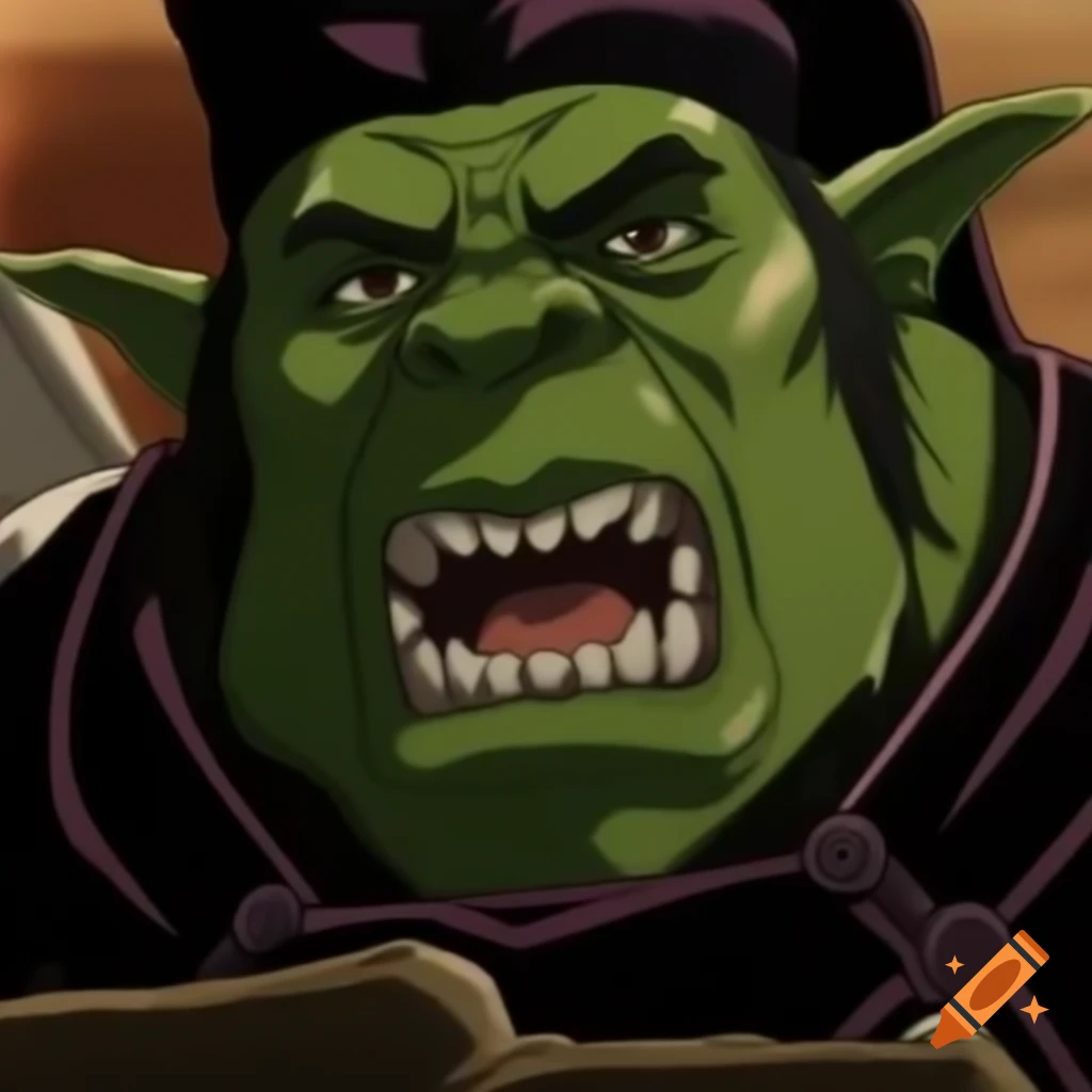 Smirking green orc professor in university mantle and cap holding scrolls