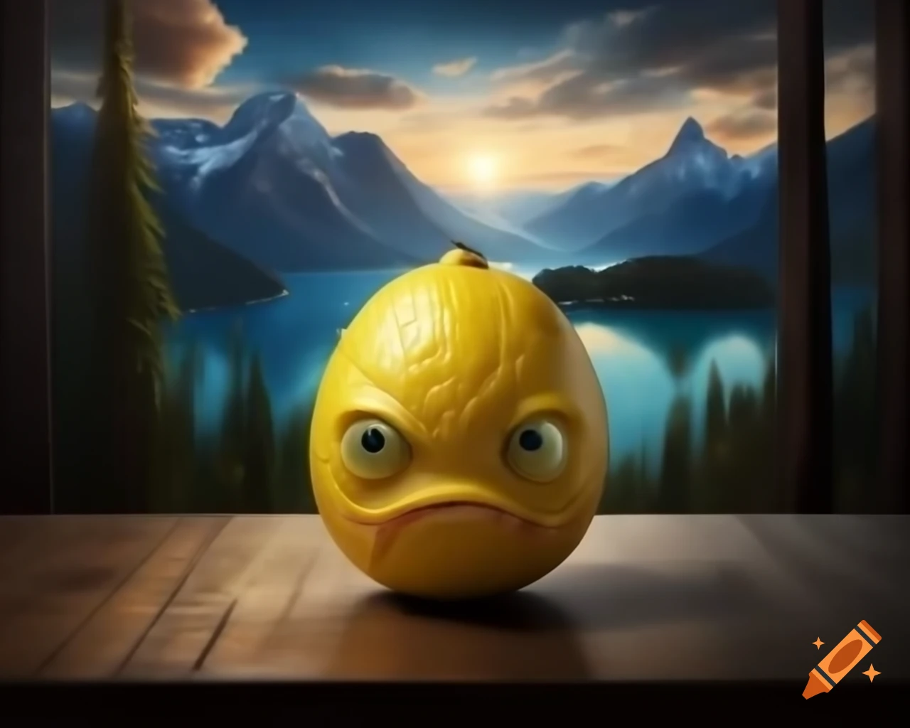 Surreal lemon monster sculpture with human features in forest setting