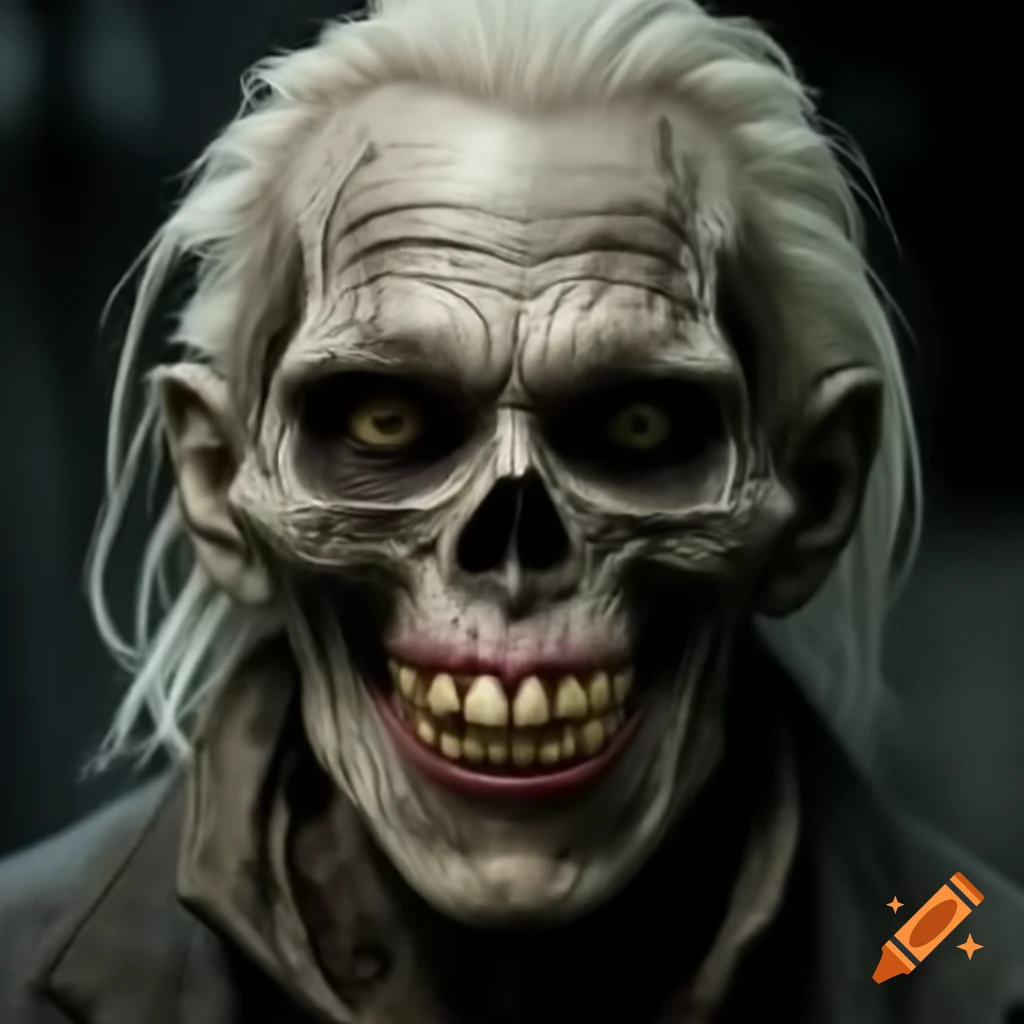 Realistic zombie with white teeth and slicked back black hair