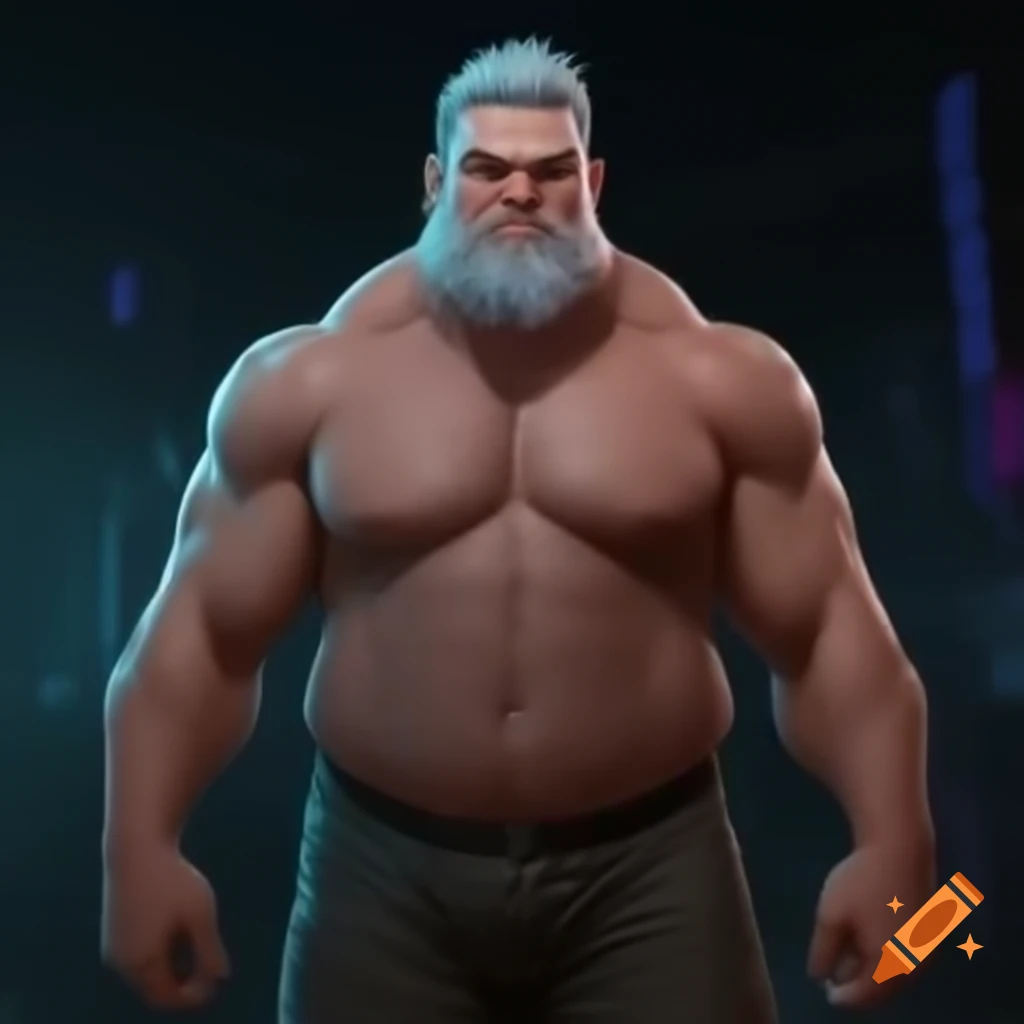 Cyberpunk style depiction of a strong man with short grey hair