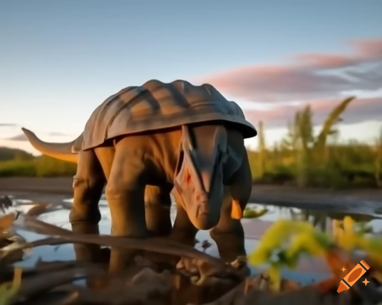 Ankylosaurus observing Diplodocus in mudflat with ferns and driftwood during golden hour
