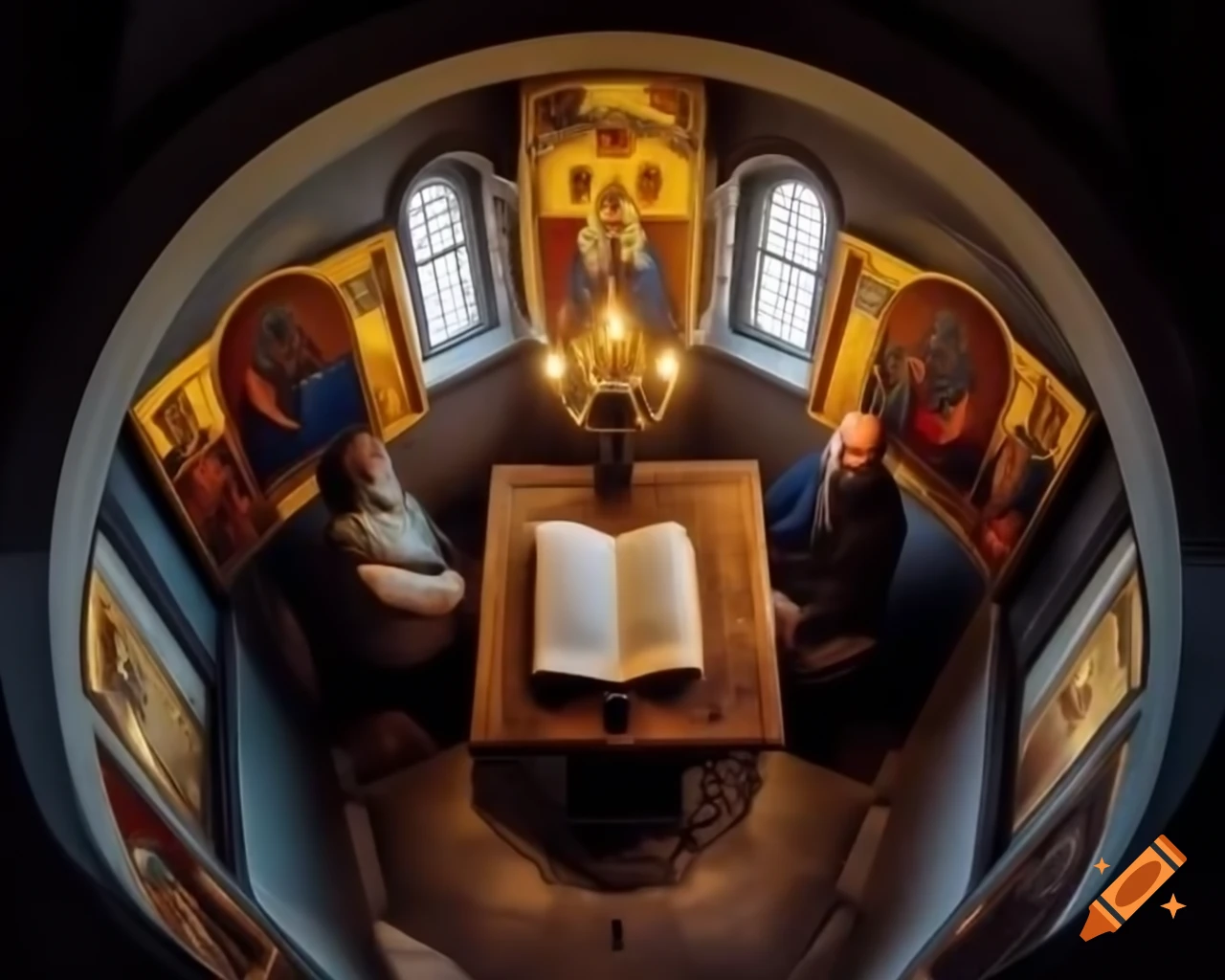 Open book on table in church with beautiful illumination and iconostasis