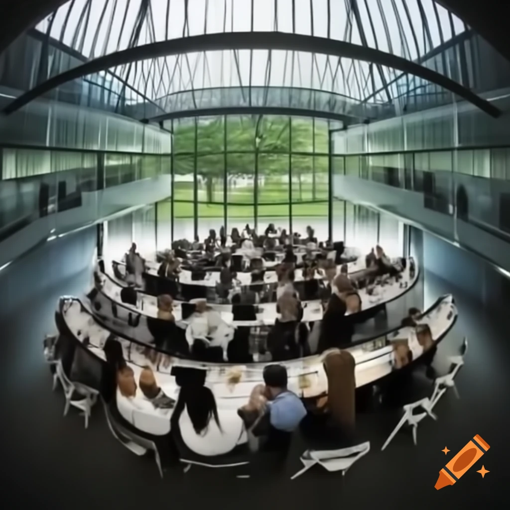 Futuristic classroom with smiling students using technology