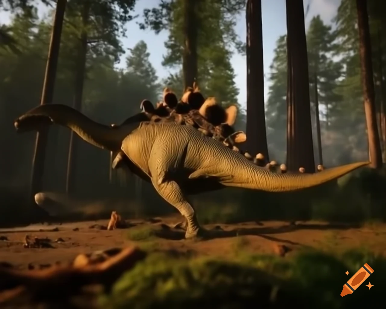 Allosaurus and Stegosaurus in cedar forest clearing with warm morning light