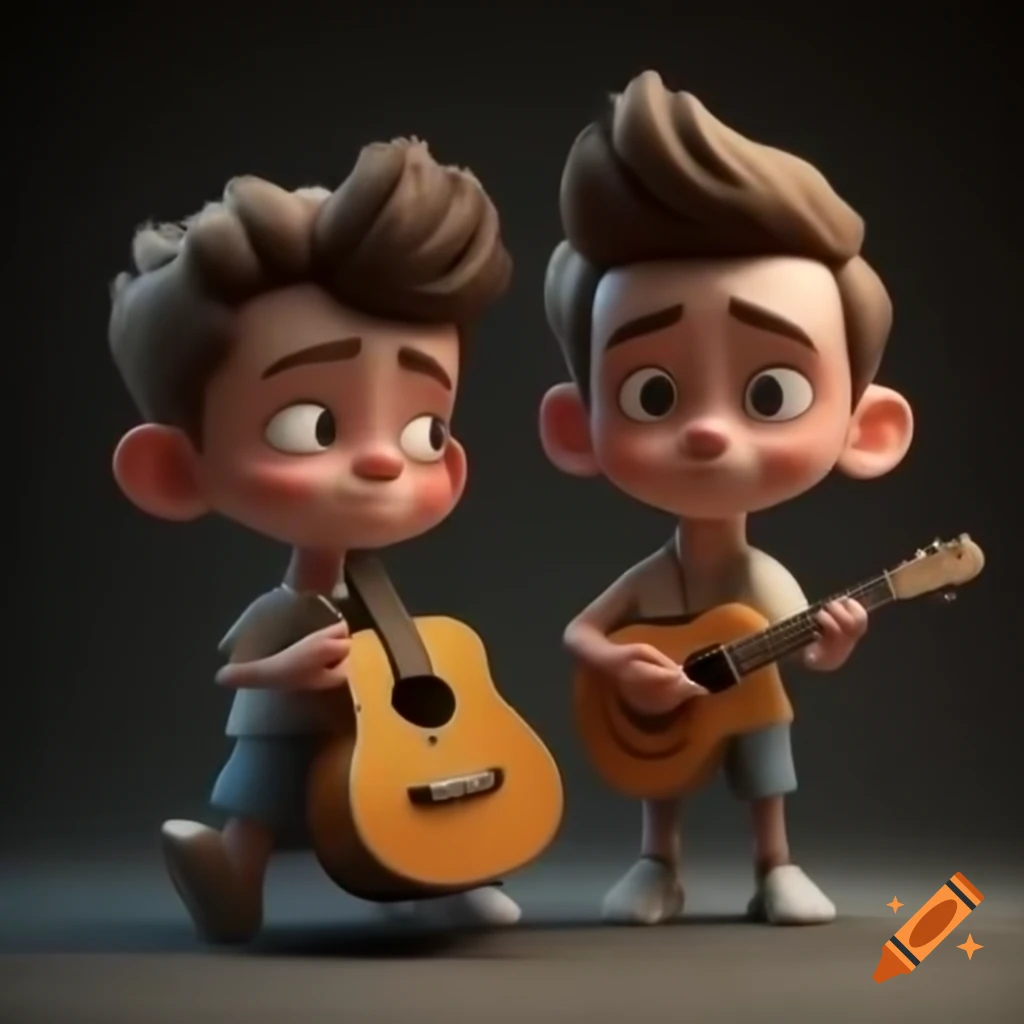 Two boys playing guitar with scenic background in 3D