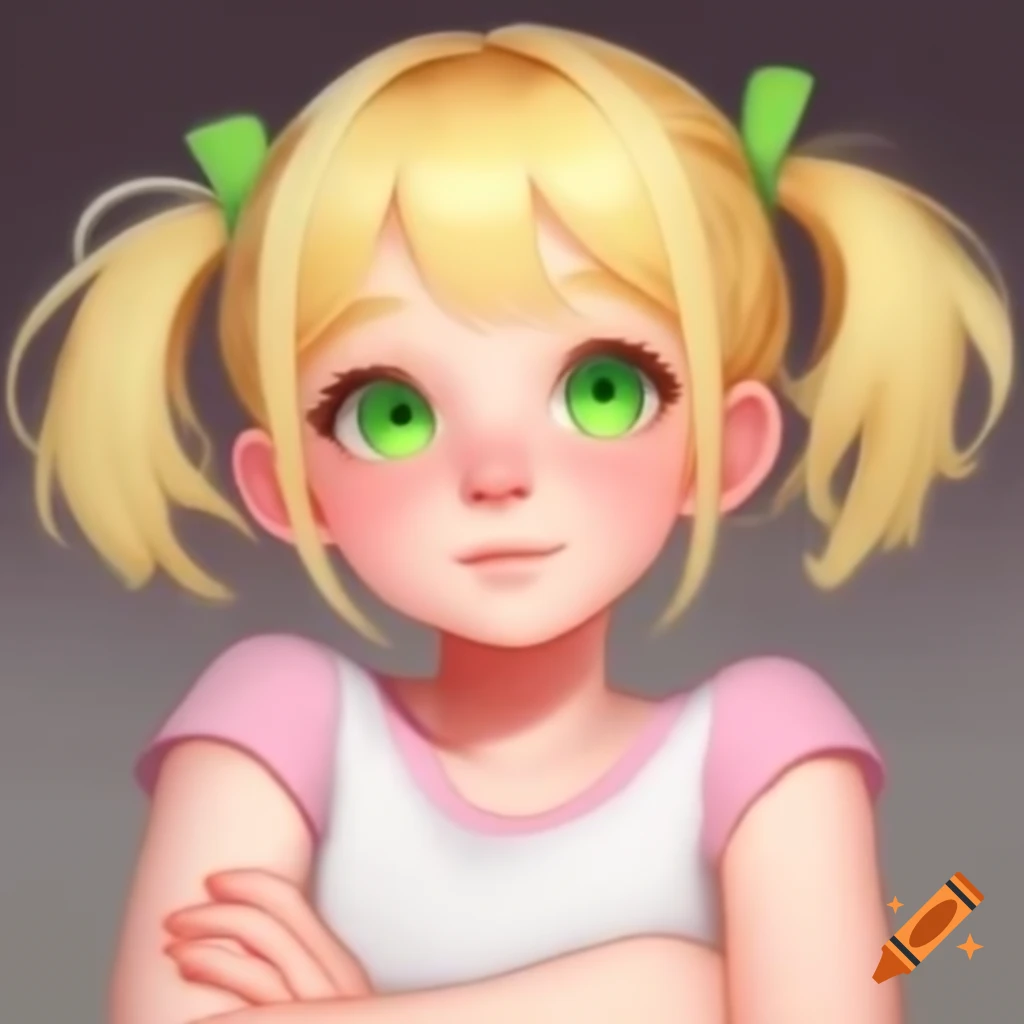  Anime girl with blonde hair and green eyes in pink t-shirt with arms ...