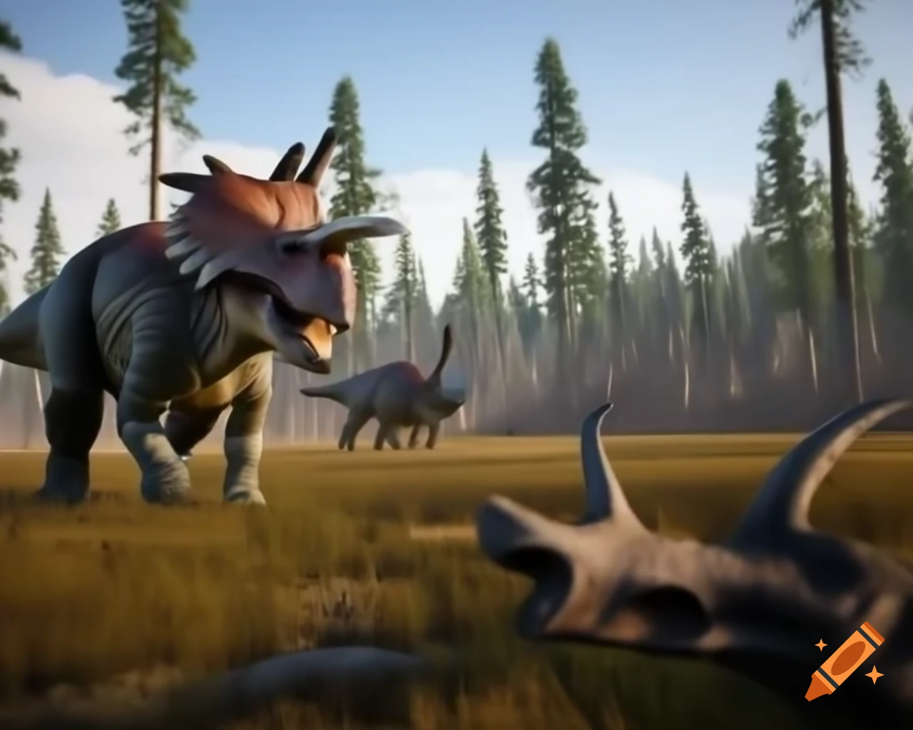Protoceratops crossing sunny scrubland with dead trees in British Columbia