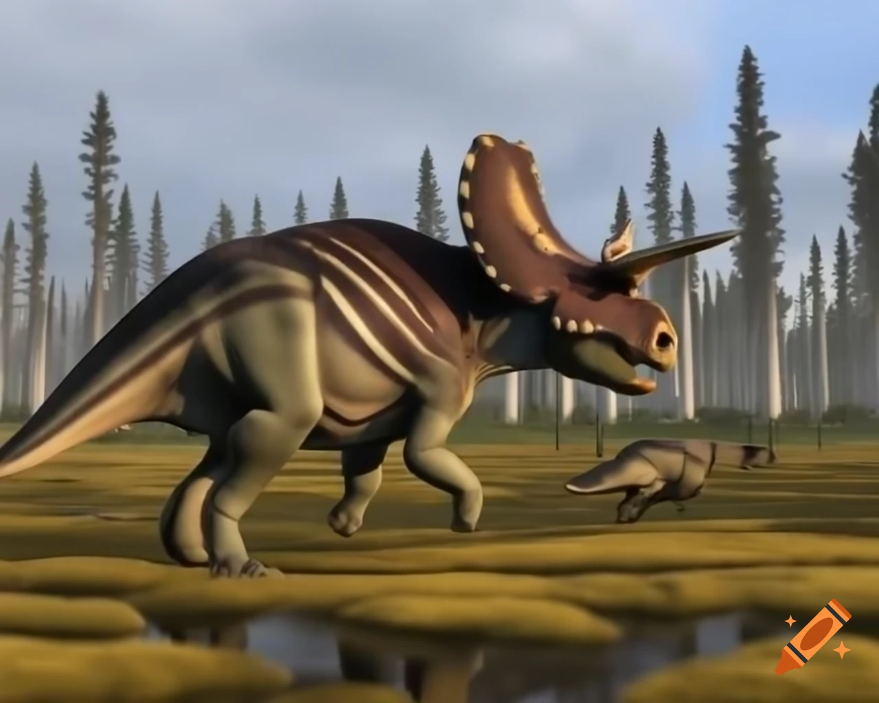 Protoceratops herd crossing rugged terrain in British Columbia morning light