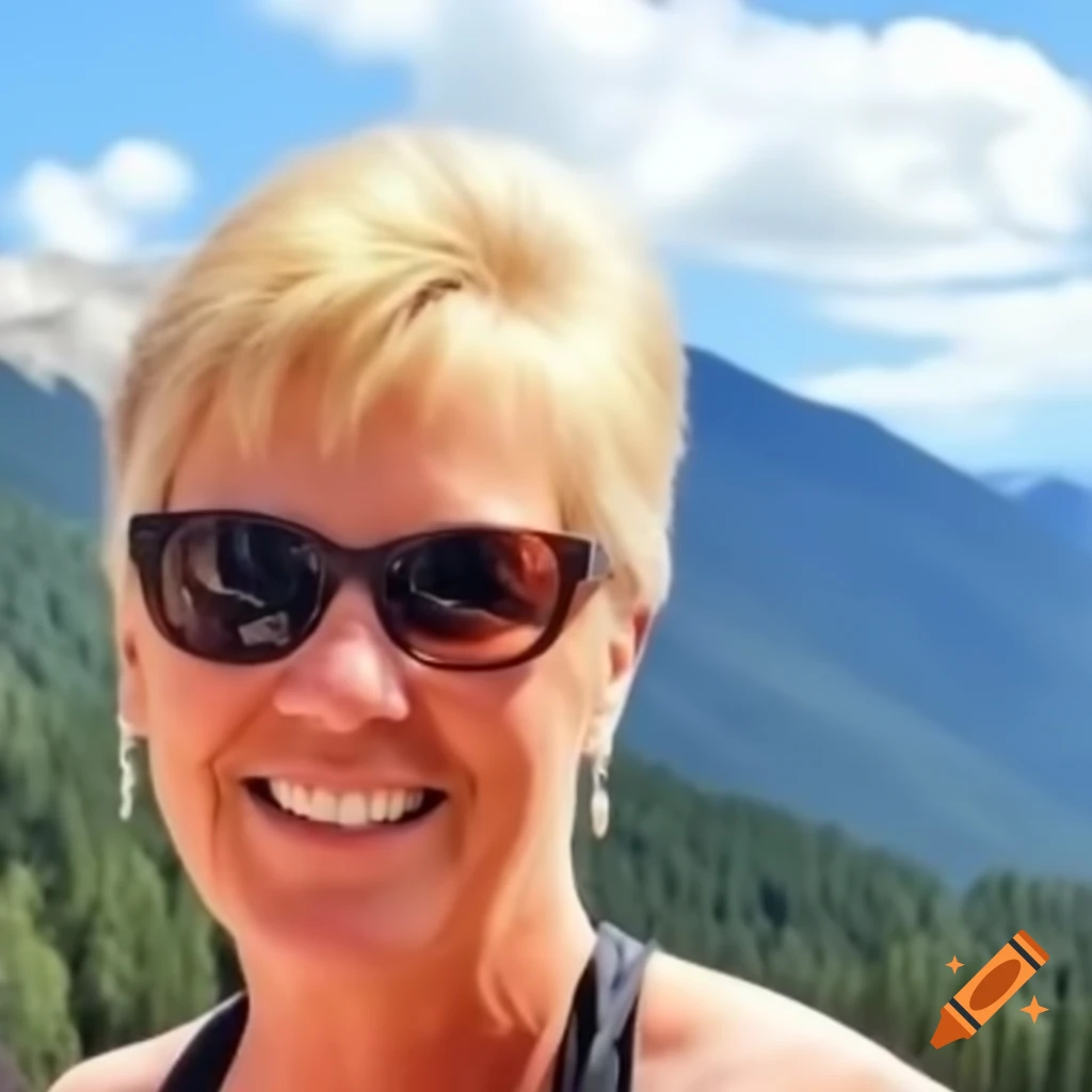 Smiling middle-aged lady with blond hair and sunglasses against mountain backdrop