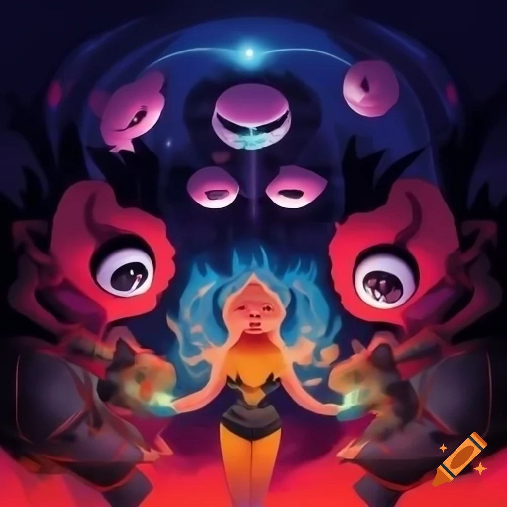 Surreal cosmic battlefield with colorful cartoon style and psychic energy