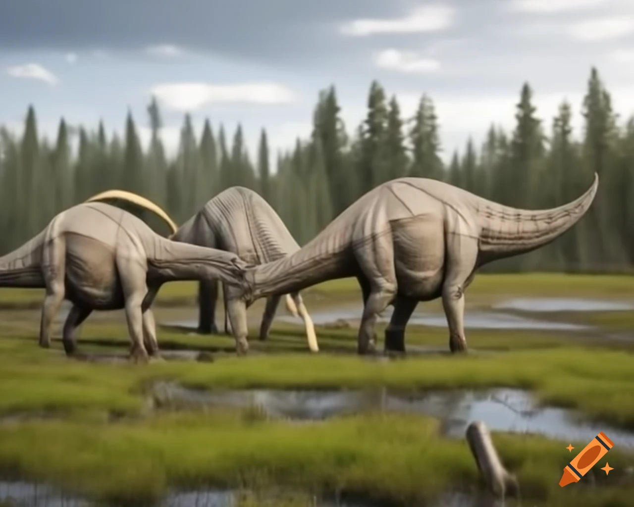 Herd of Hadrosaurus crossing marshland with driftwood in British Columbia under intense sunlight