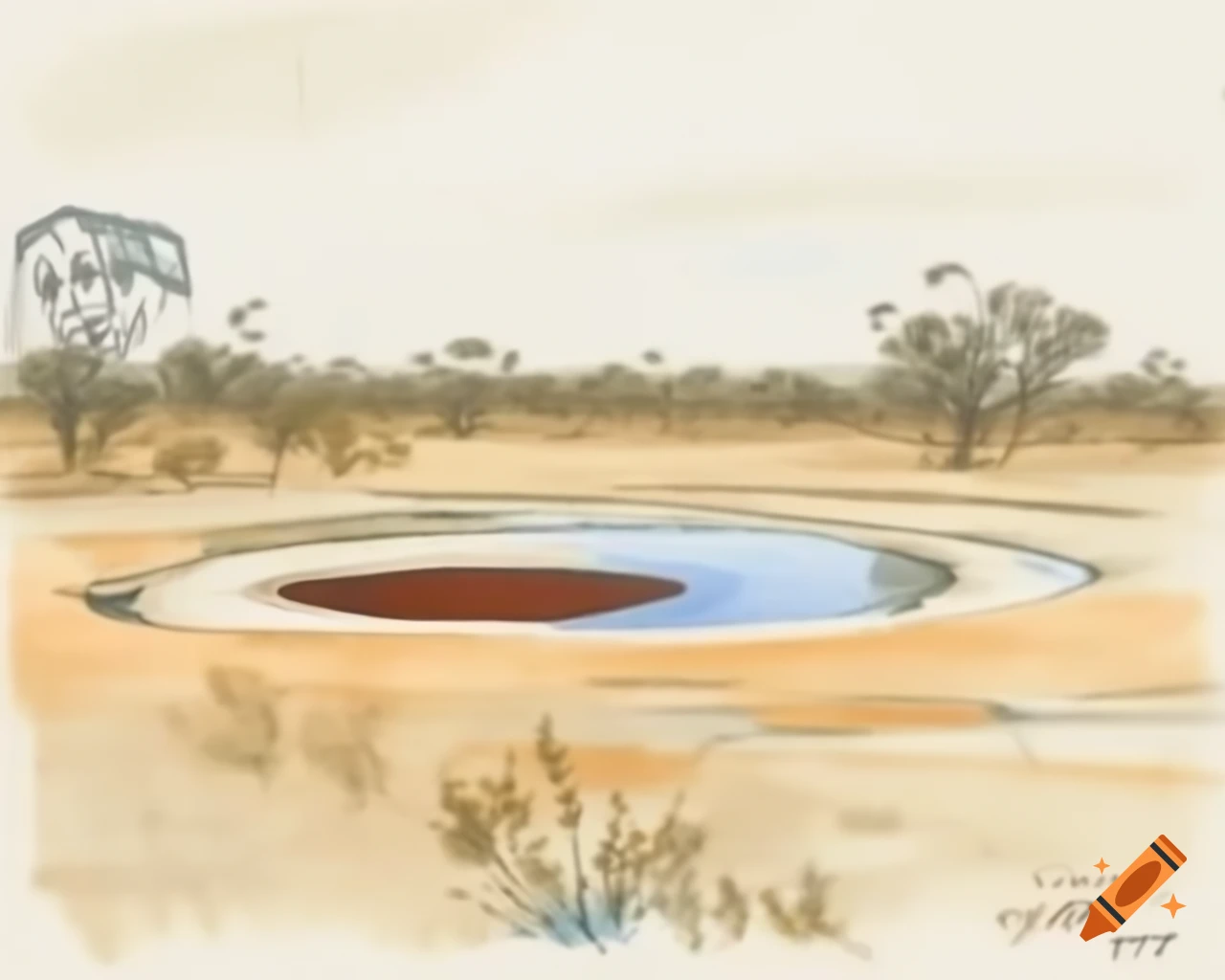 Australian waterhole depicted in natural watercolor shades, inspired by Albert Namatjira