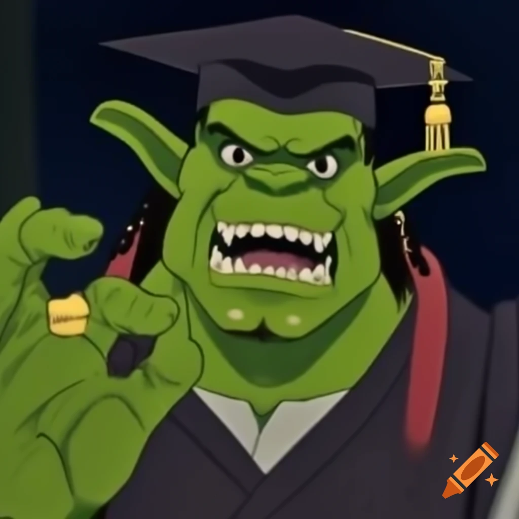 Smirking green orc professor in university mantle and cap holding scrolls, 80-90's anime style