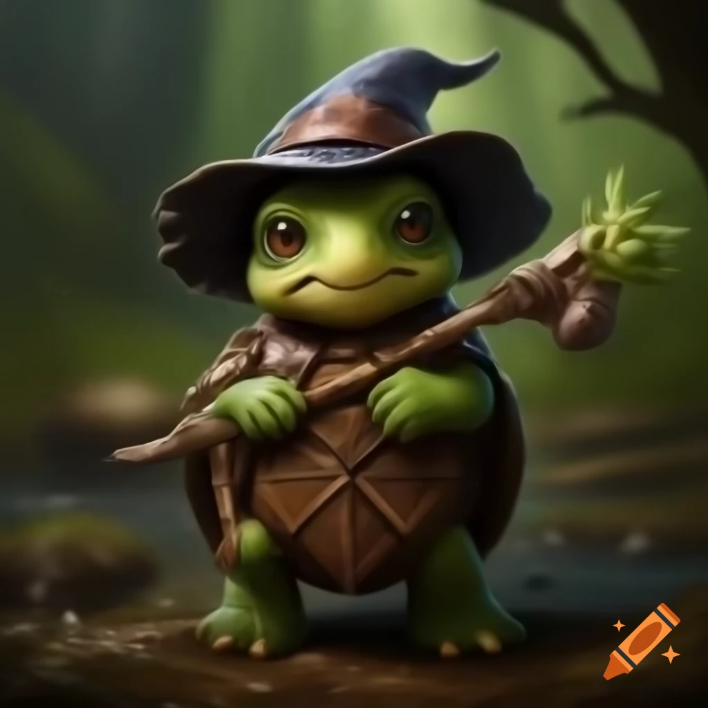 Witchy female Tortle healer foraging in forest with staff, DND character