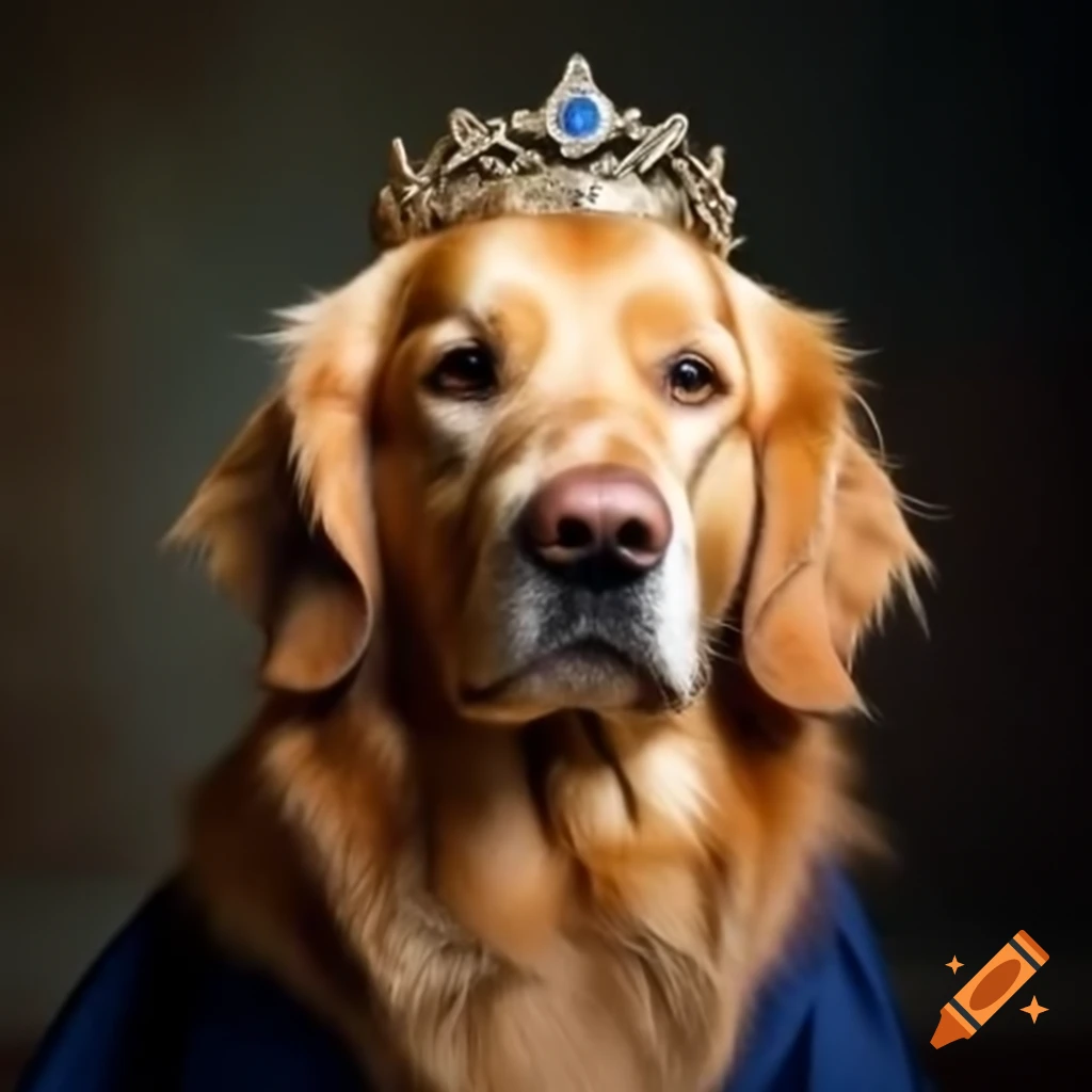 Golden retriever in tiara and navy gown