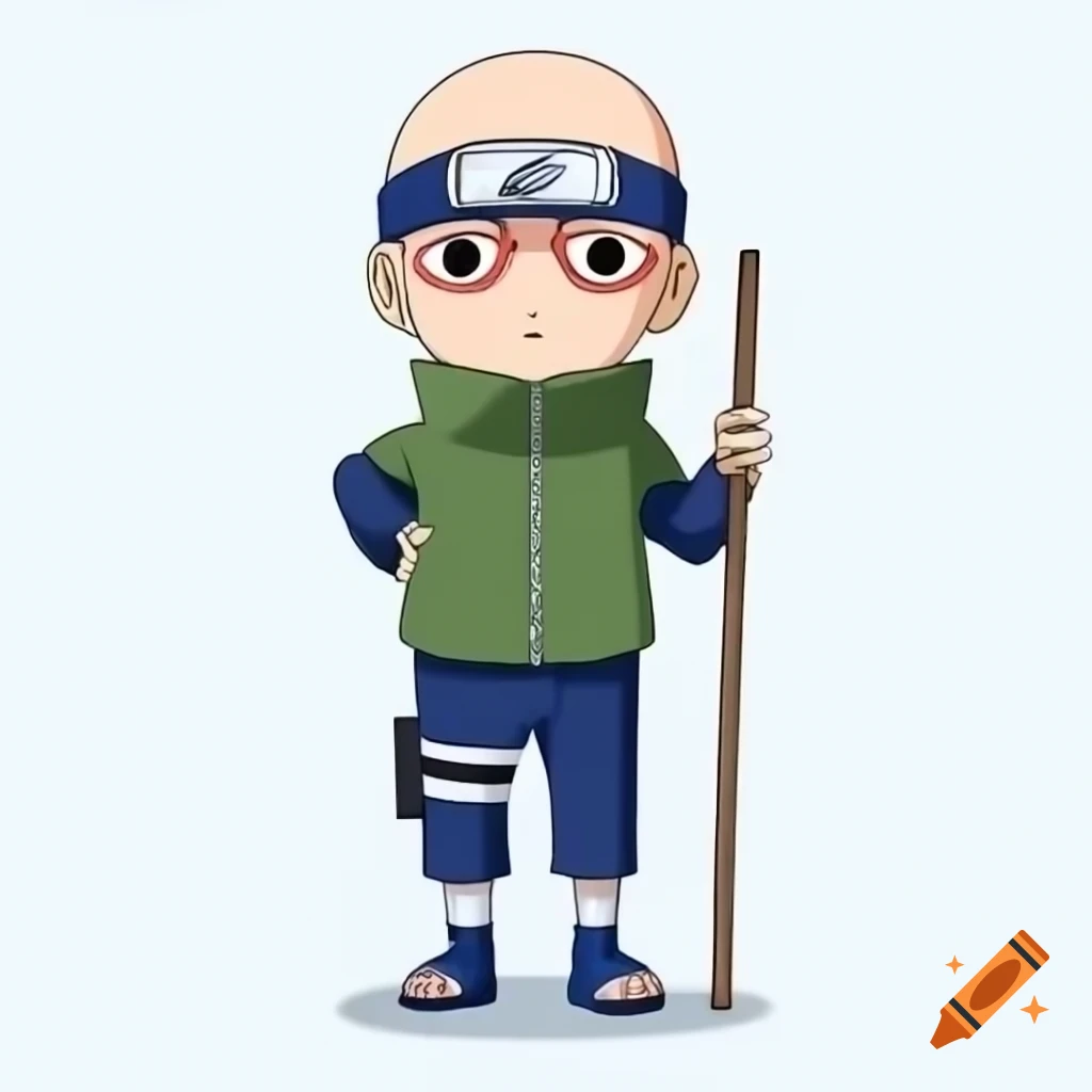 Thin bald shinobi with glasses wielding cane in Naruto style