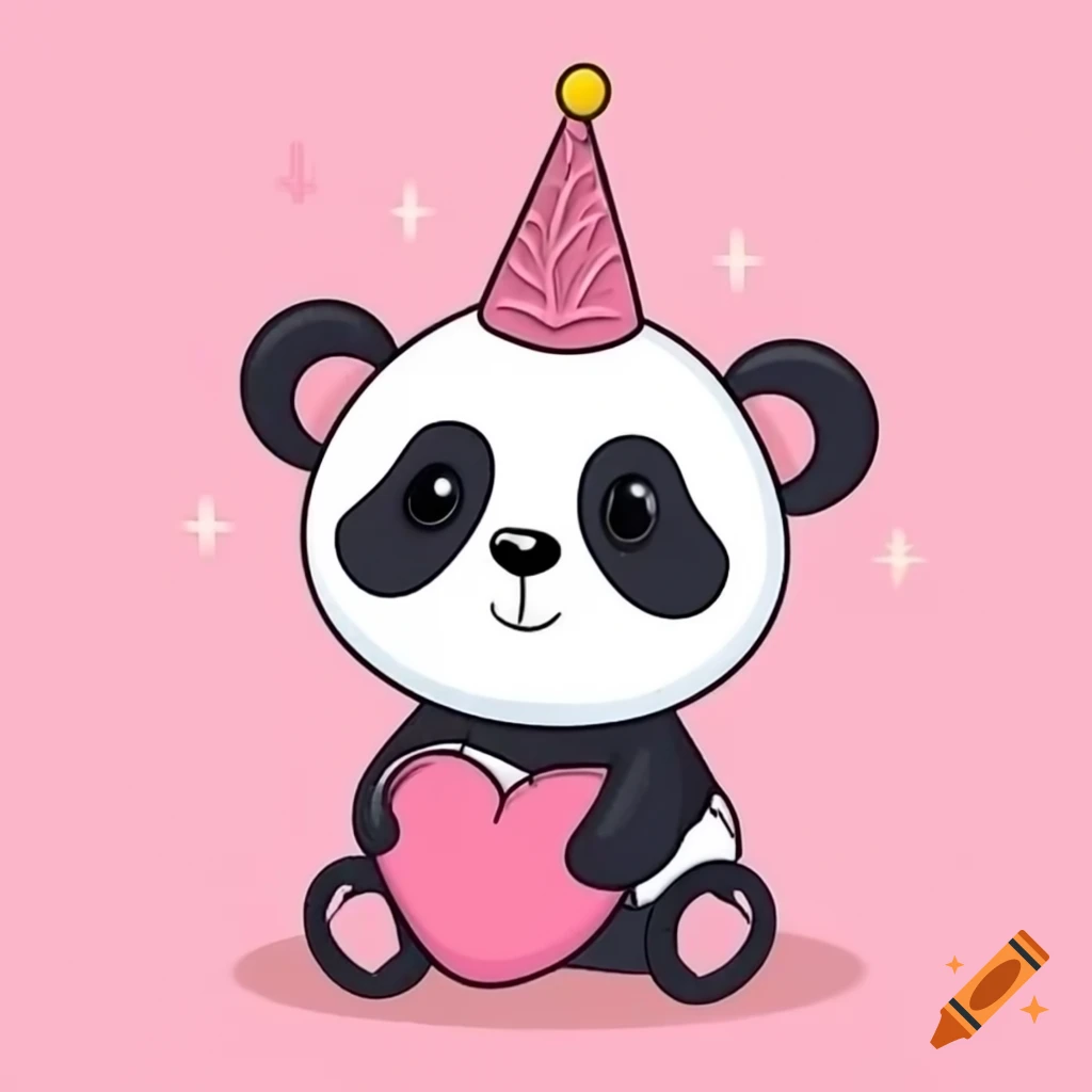 Cute panda wearing diaper and pink bow eating birthday cake