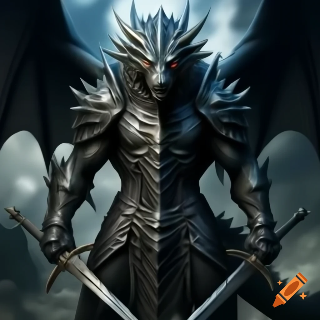 Black dragon in armor wielding dual swords