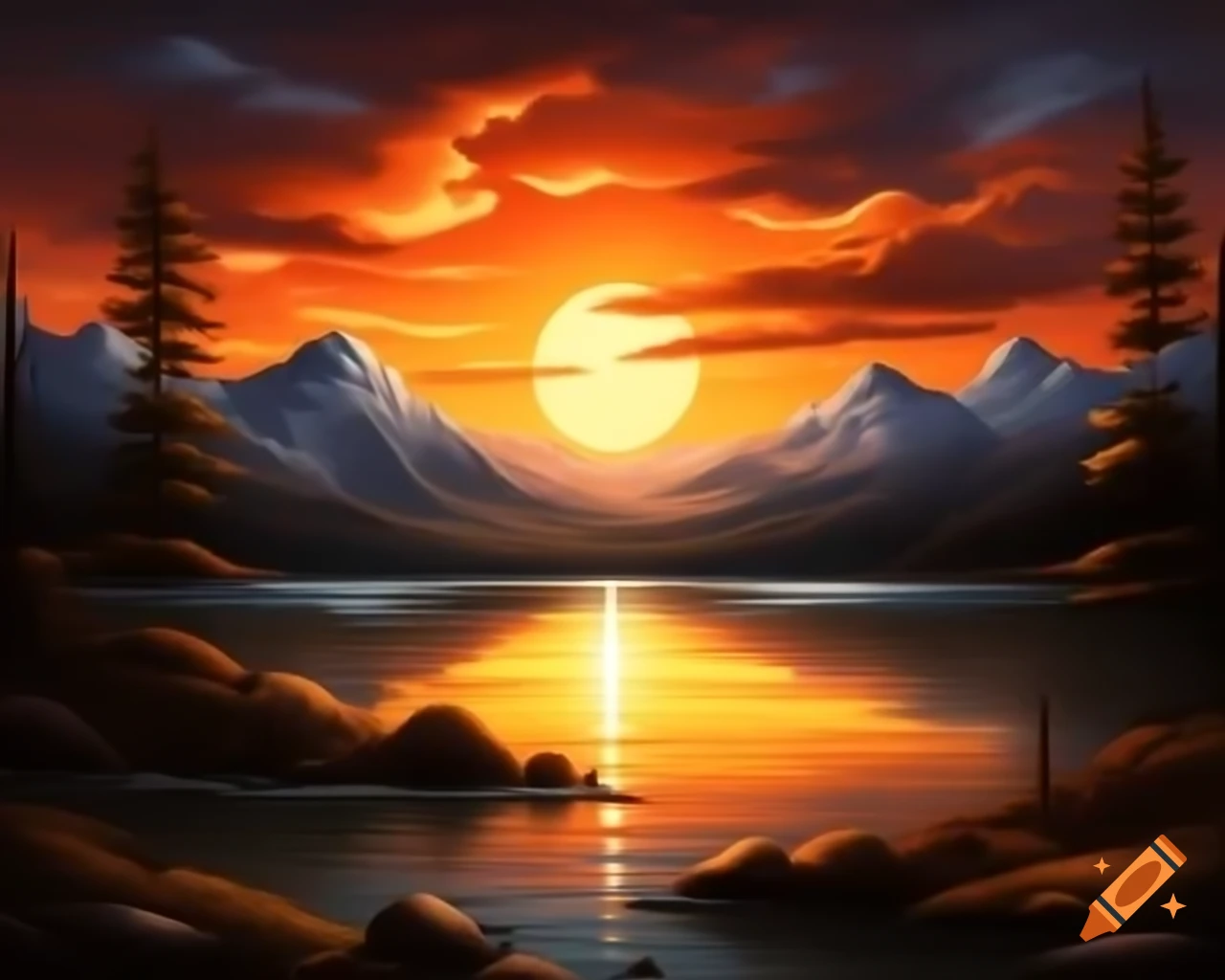 Photorealistic painting of sunset over mountain lake with sunrays