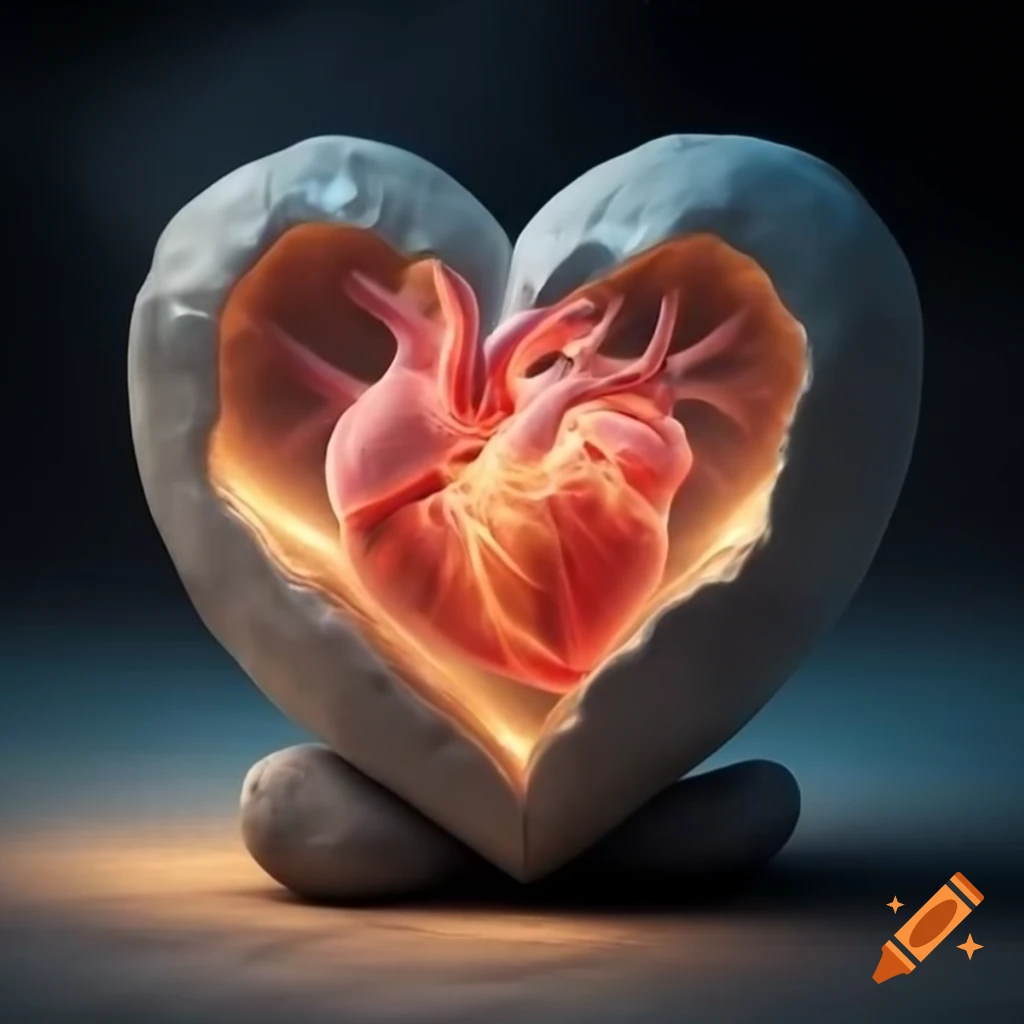 Anatomical heart split between light flesh and stone with Hebrew writing