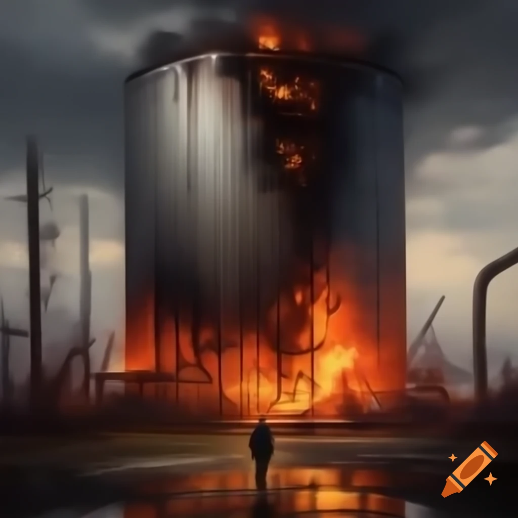 Person emerging from metal silo amid dirt, destruction, and chaos