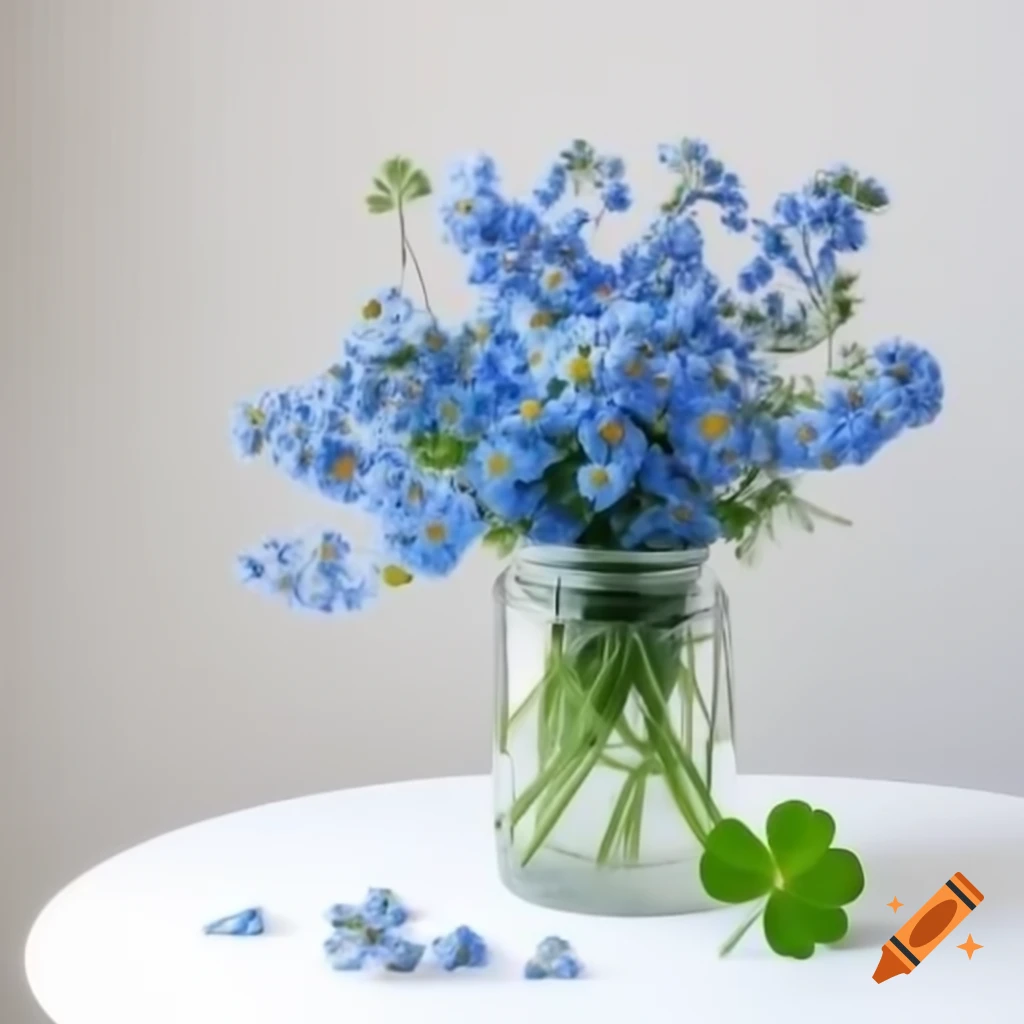 Forget-me-not bouquet with four leaf clover on white table