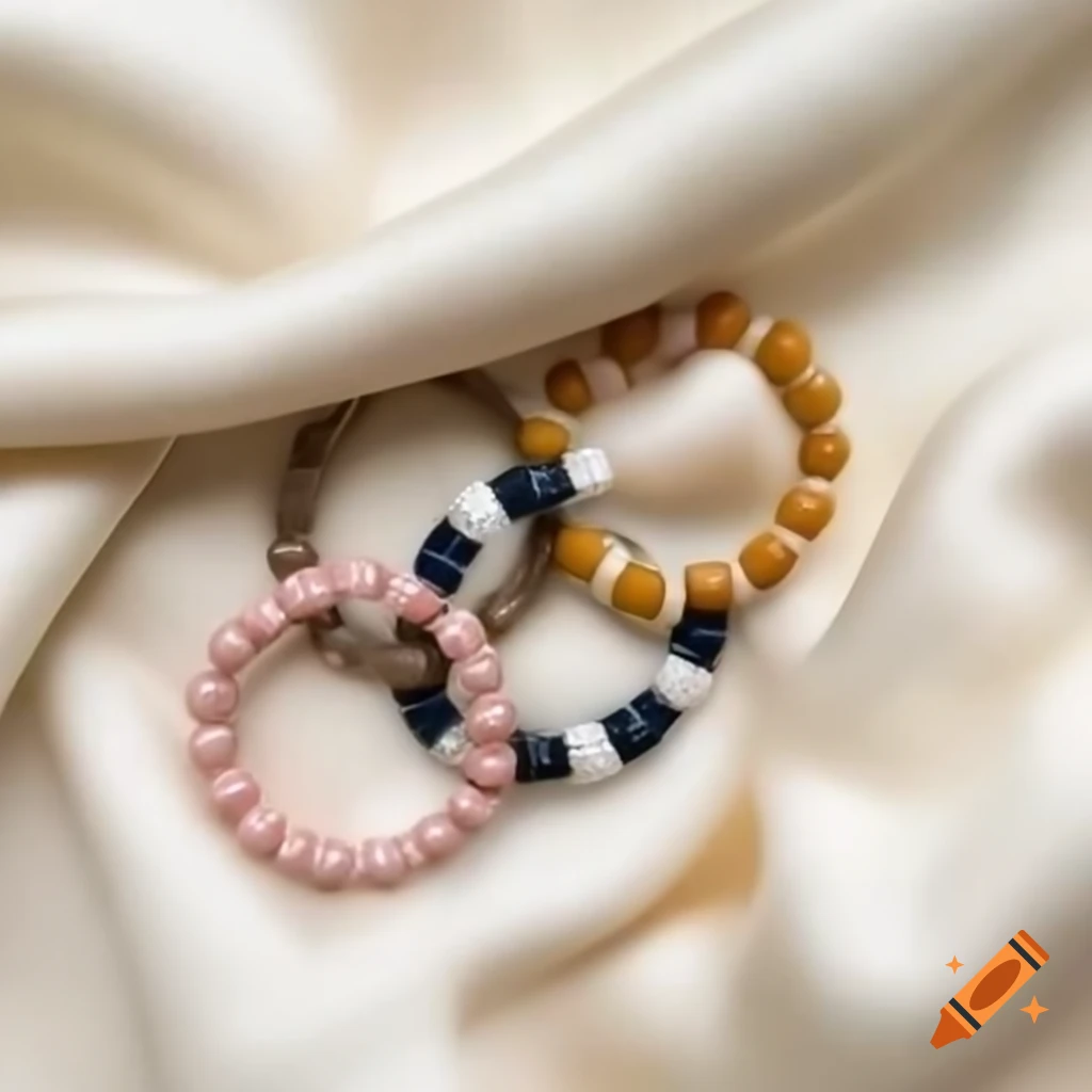 Multi-colored bead rings on cream silk blanket
