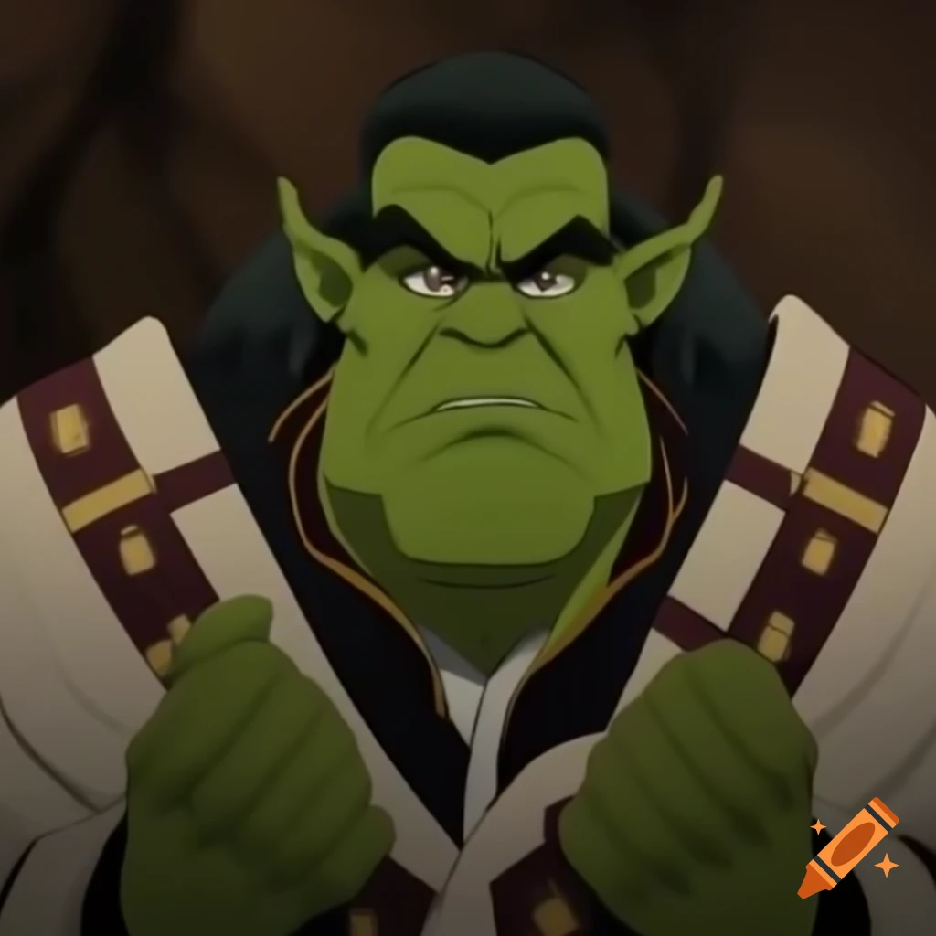 Smirking green orc professor in university mantle and scholar cap holding scrolls, anime style