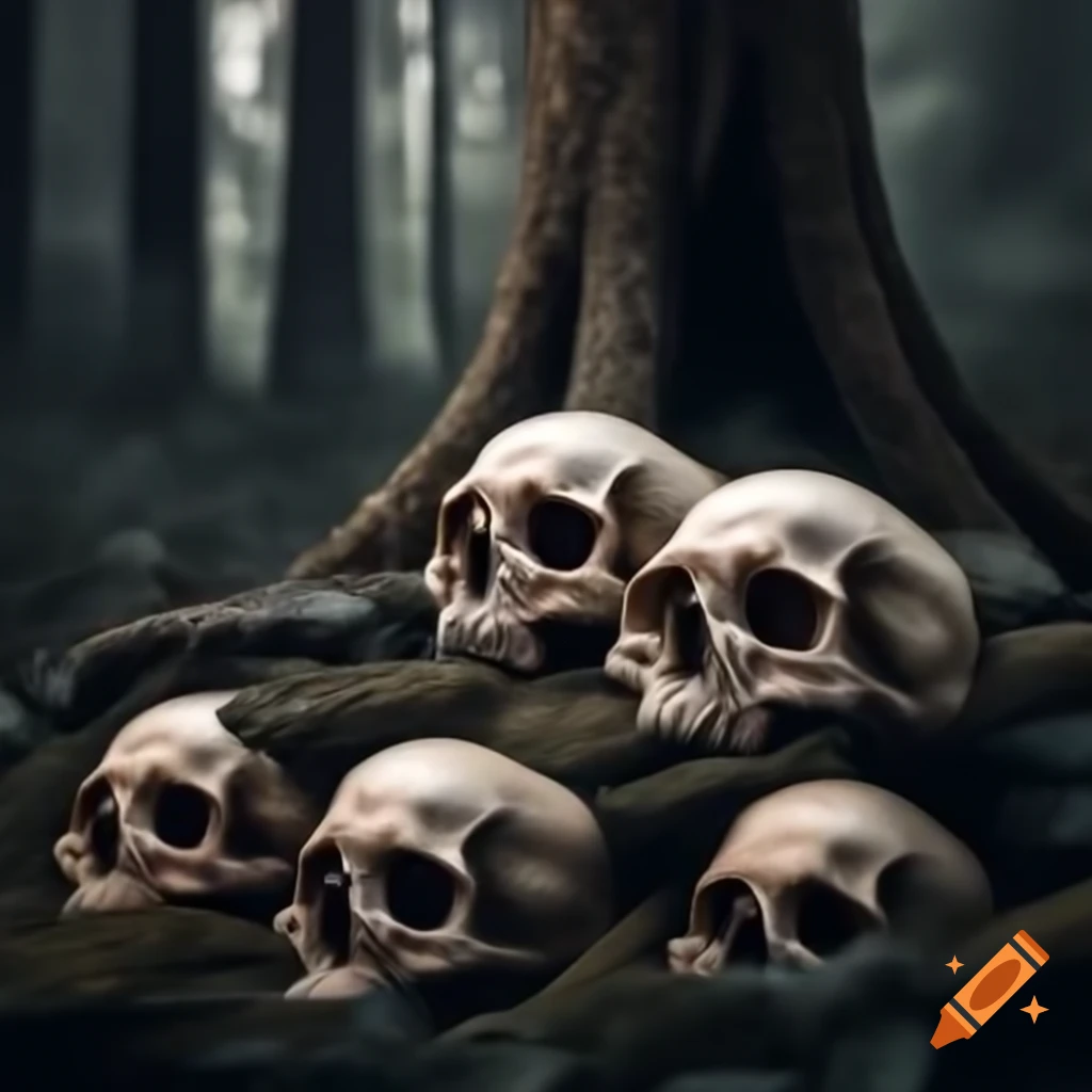 Thousands of large skulls scattered in deep forest among tall trees, realistic details