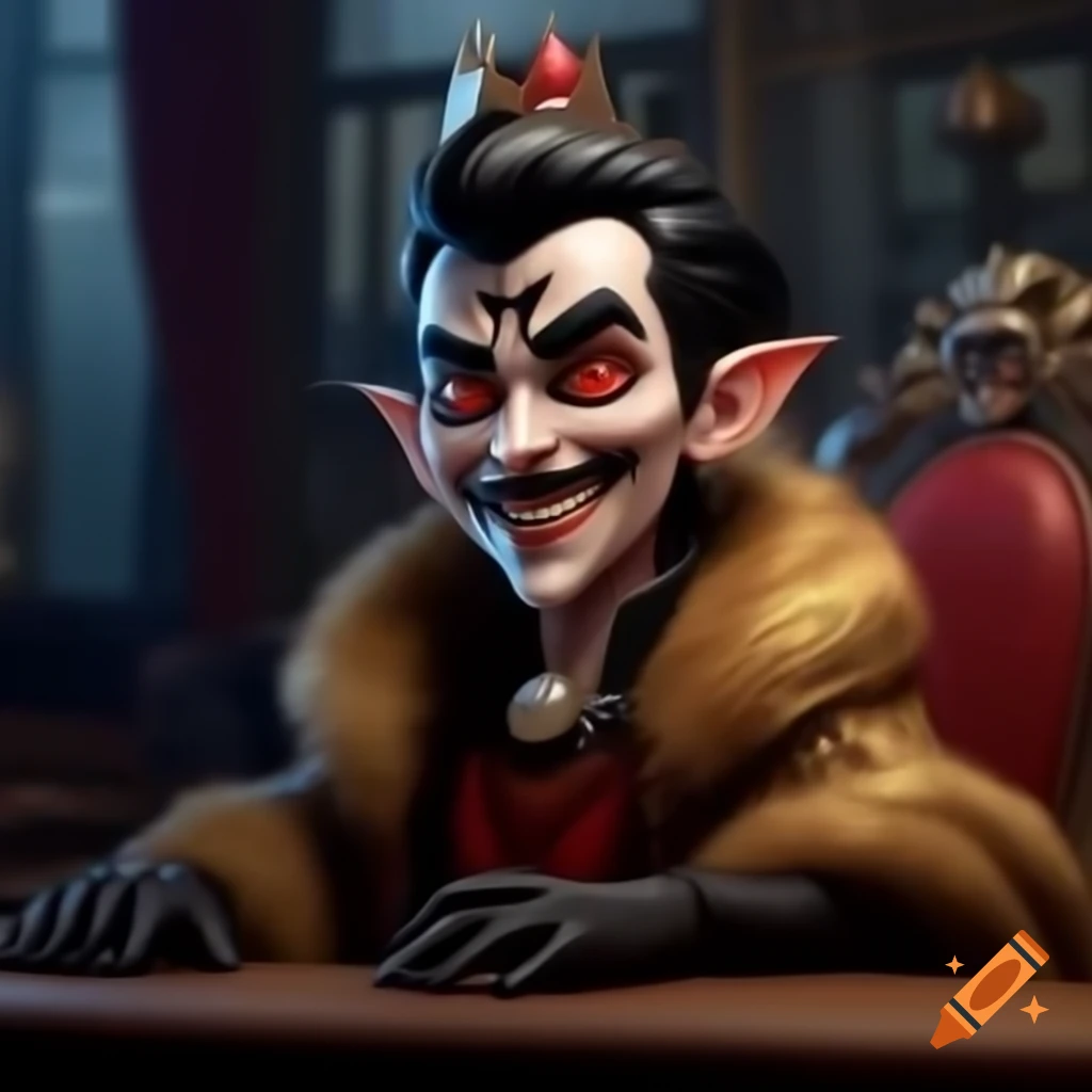 Young vampire lord with red eyes in red caftan and golden fur cape sitting in office