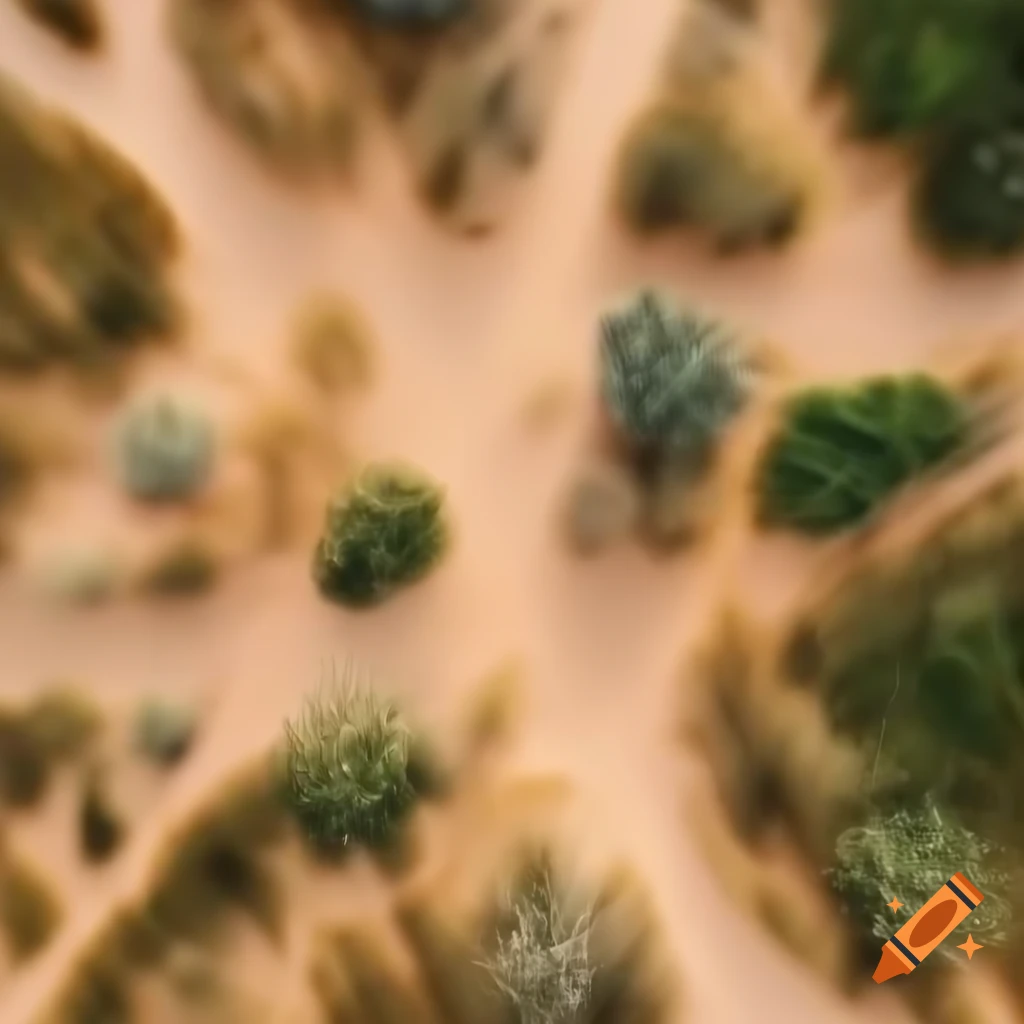 Top-down view of sandy paths through lush vegetation, oil painting