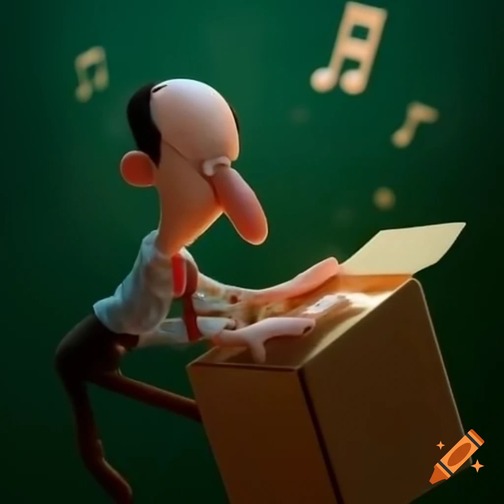 Man opening box with flying musical notes on craiyon