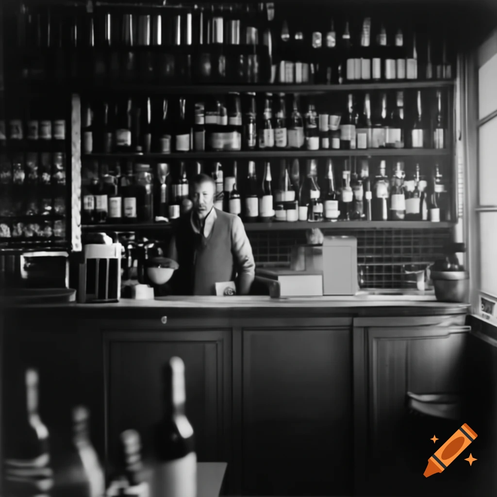 Vintage 1900 photo of liquor store with wine shelves and counter staff