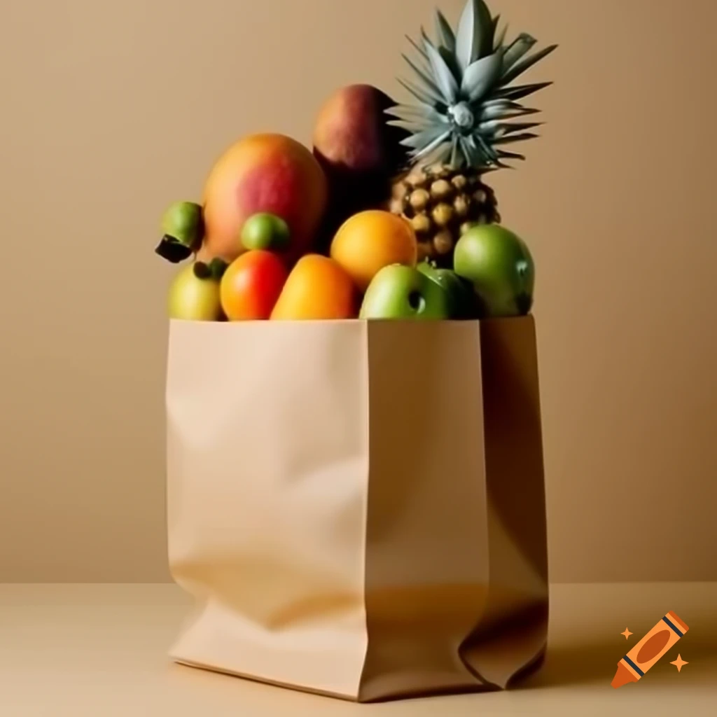 Brown paper bag filled with fresh fruits