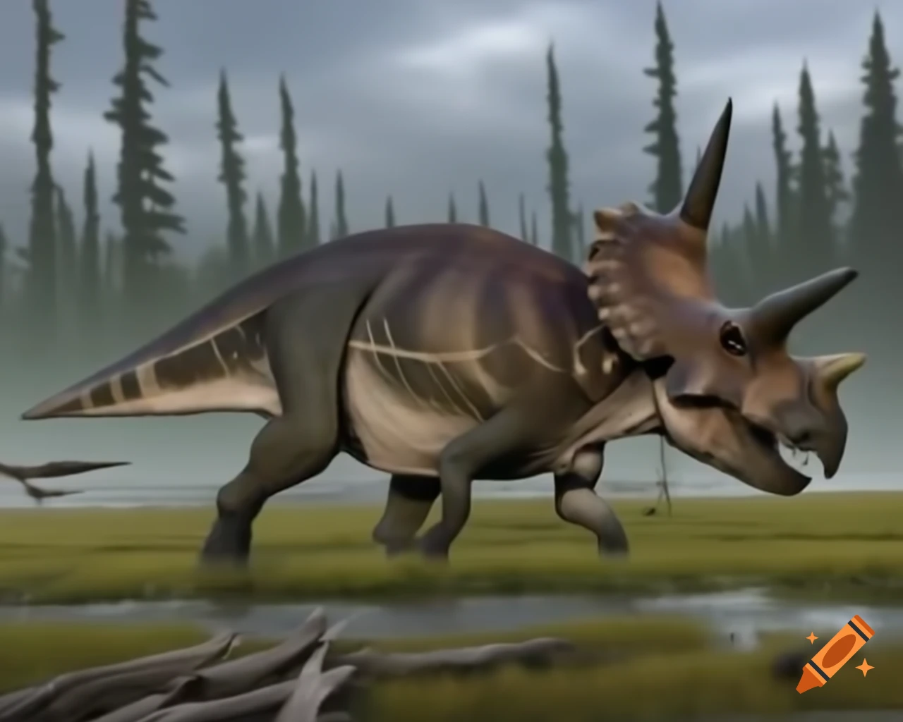 Herd of protoceratops crossing marsh in British Columbia morning light