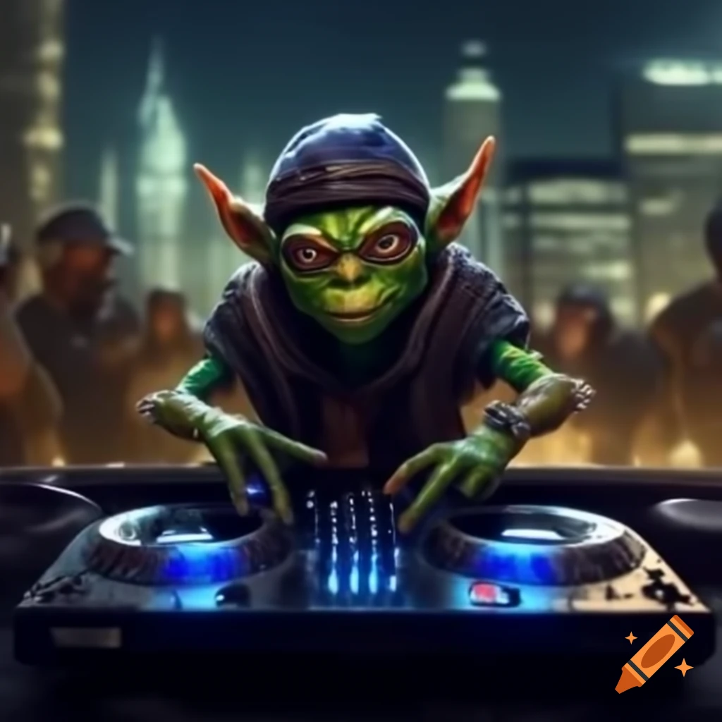 Black goblin DJ performing at urban rooftop party