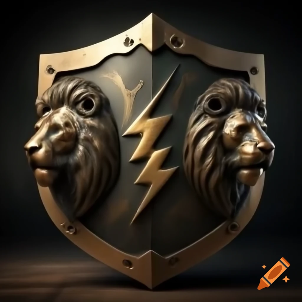 Bronze shield featuring two lion heads and lightning bolt design