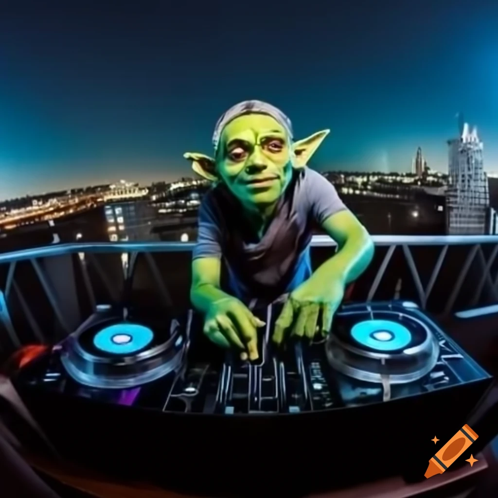 Goblin DJ performing at a lively rooftop party