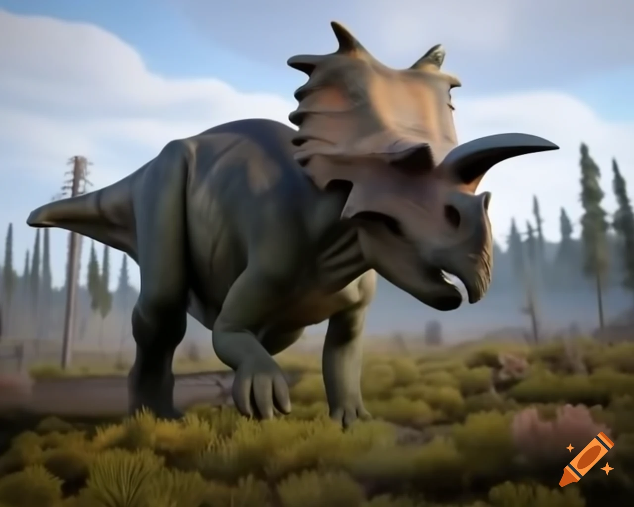 Protoceratops in rugged terrain with bushes and dead trees in British Columbia