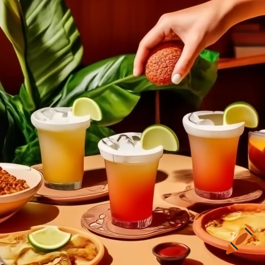 Frozen margarita cocktails in vibrant Mexican restaurant with good atmosphere
