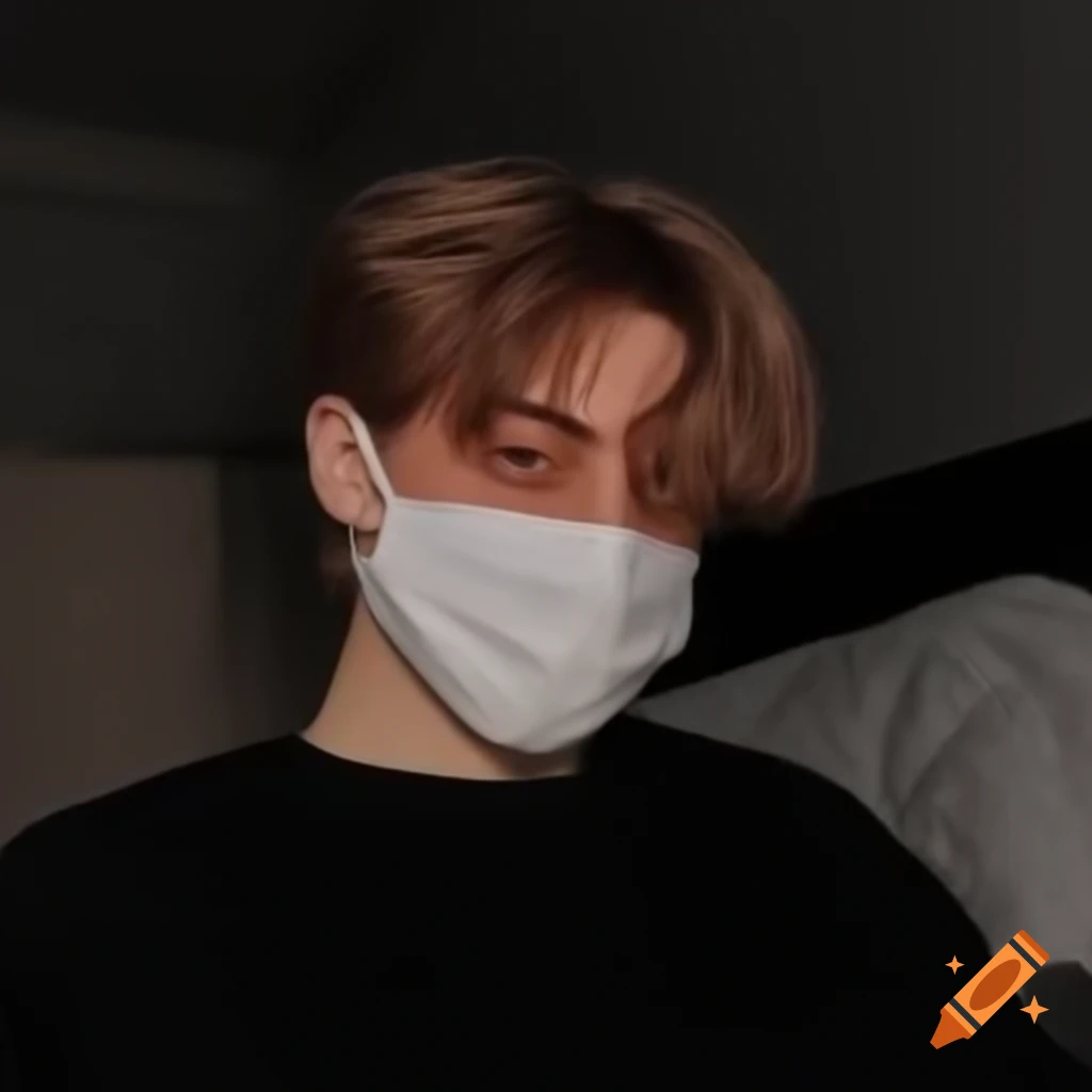 Aesthetic depiction of a young Russian man in a dark bedroom wearing a face mask