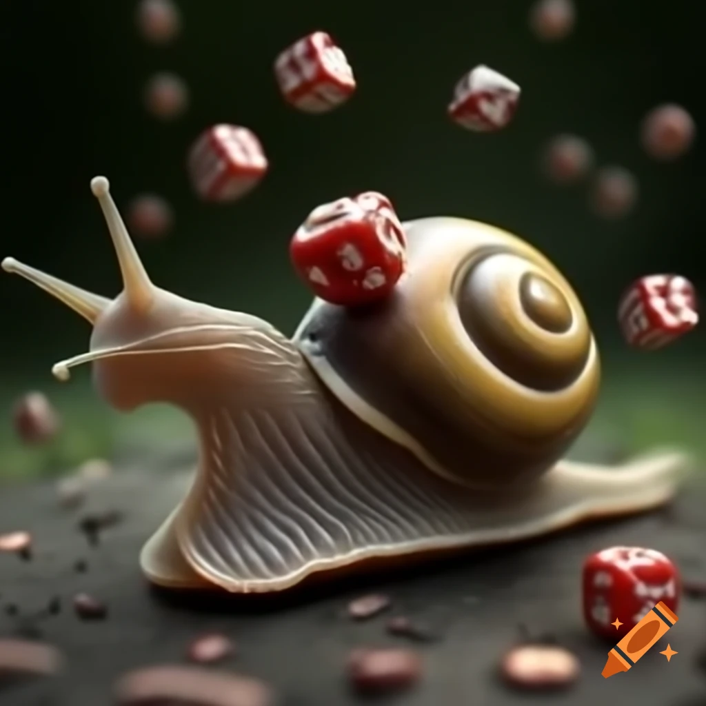 Snail surrounded by scattered D&D dice