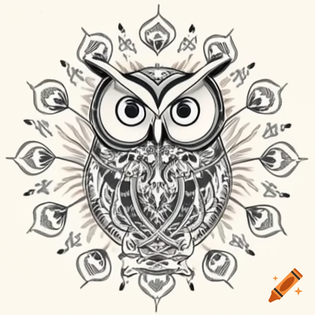 Tribal owl tattoo sketch with circular Hindu patterns
